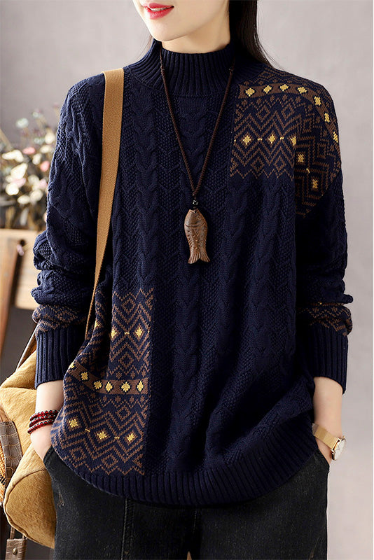 -retro Contrast Sweater Loose Turtleneck Sweater