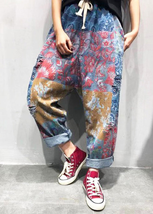 Blue Print Tie Waist Ripped Wide Leg Pants Summer