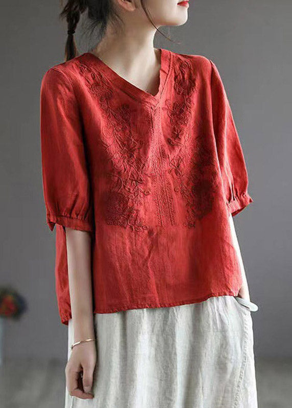 Red V Neck Embroidered Top Half Sleeve