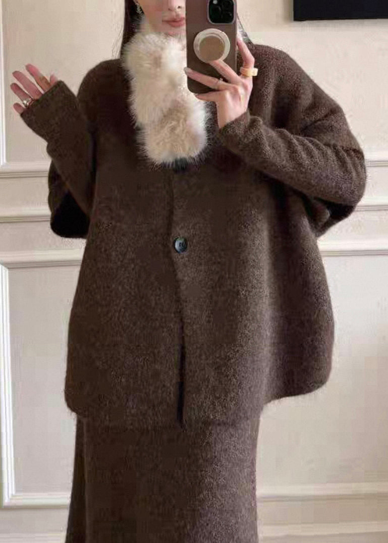 Original Coffee Fur Collar Knit Three Piece Set Batwing Sleeve