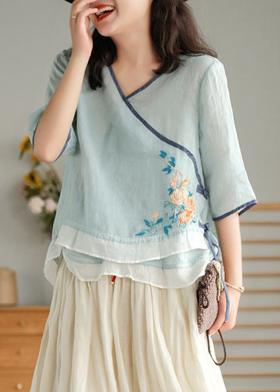 Light Blue O Neck Asymmetrical Lace Up Linen Top Spring