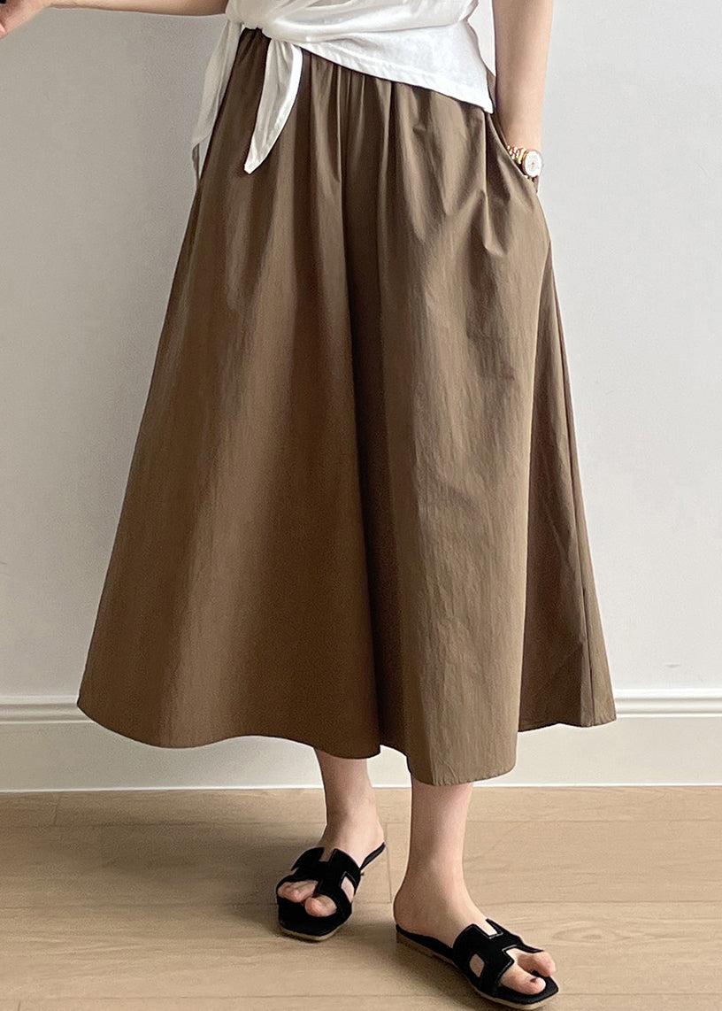 Brown Pockets Elastic Waist Cotton Crop Wide Leg Pants Summer