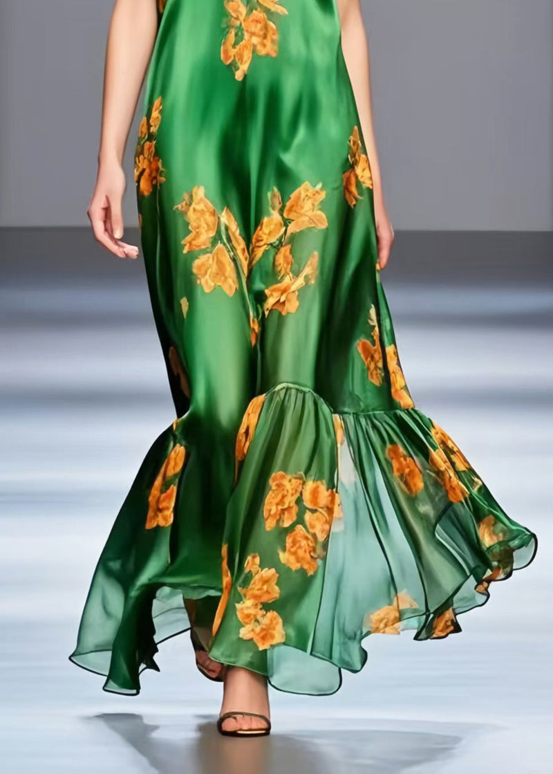 Green V Neck Print Silk Long Dresses Sleeveless
