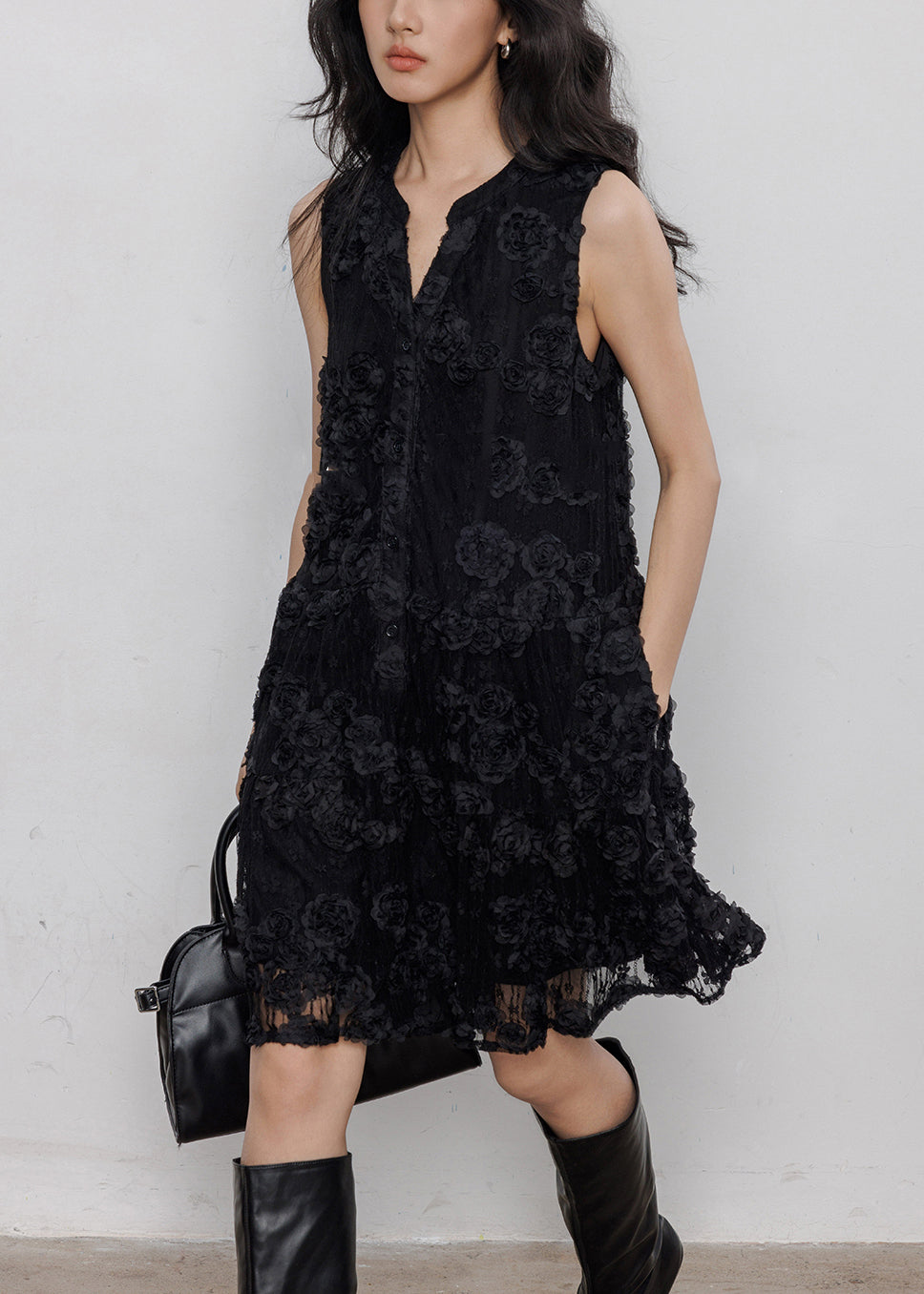 Black Button Hollow Out Lace Mid Dresses Sleeveless
