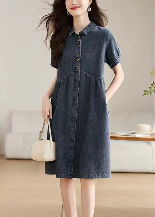 Navy Peter Pan Collar Denim Work Dress Summer