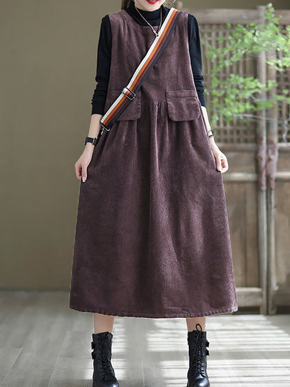- Corduroy Pocket Sleeveless Pinafore Dress