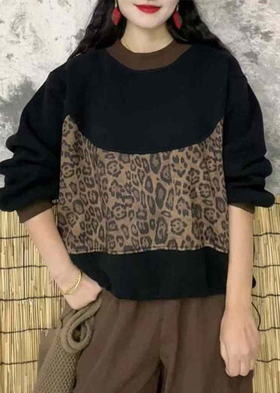 Mulberry O Neck Leopar Patchwork Warm Fleece Top Winter