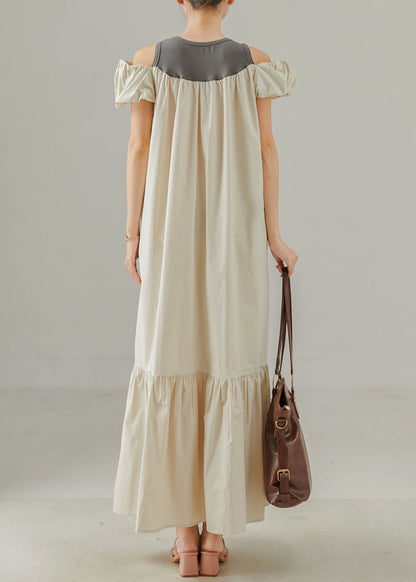 Apricot Cold Shoulder Patchwork Cotton Ankle Dress Summer