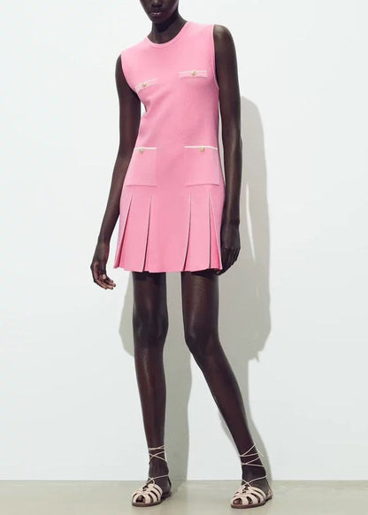 Pink O Neck Wrinkled Knit Mini Dresses Sleeveless