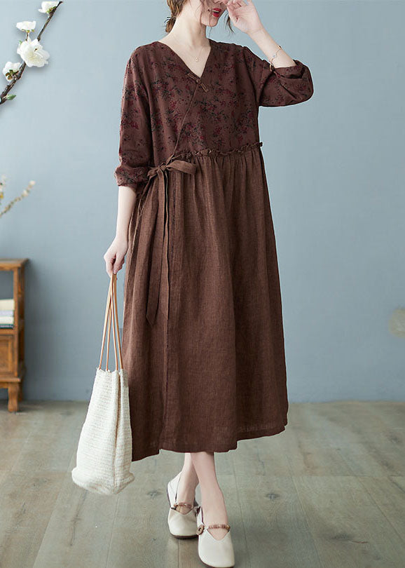 Coffee Ruffled Tie Waist Oriental Linen Dresses Spring
