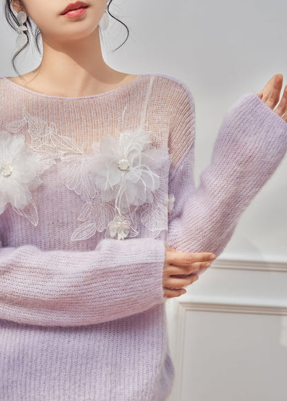 Italian Purple Hollow Out Patchwork Knit Sweater Spring