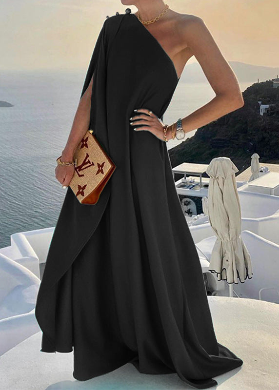 Black One Shoulder Side Open Cotton Long Dresses Summer