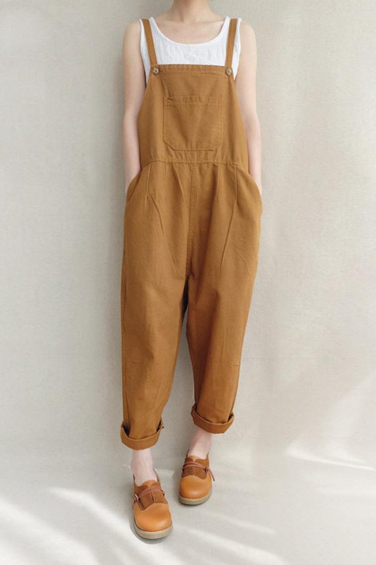 Leisure Cotton Jumpsuits Comfortable Dungarees Wide Leg Pants Overalls With Pockets