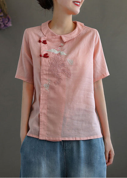 Pink Peter Pan Collar Embroidered Linen Blouse Tops Spring