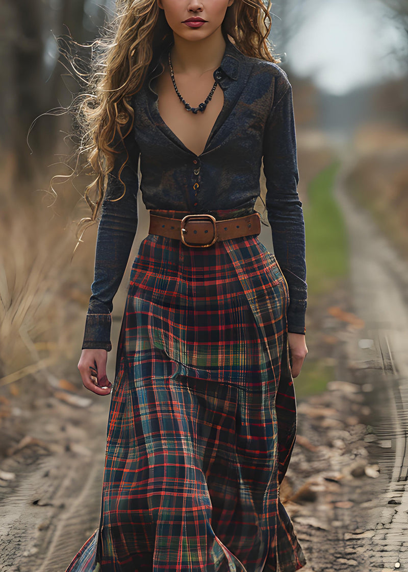 V Neck Plaid Patchwork Cotton Long Dress Spring
