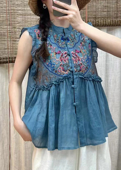 Simple Blue Embroidered Ruffles Button Linen Top Short Sleeve