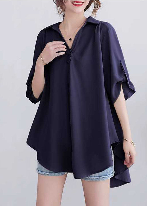 Navy Loose Cotton Tops Peter Pan Collar Summer
