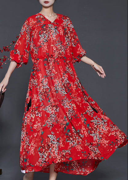 Red Cinched Print Chiffon Vacation Dresses Summer