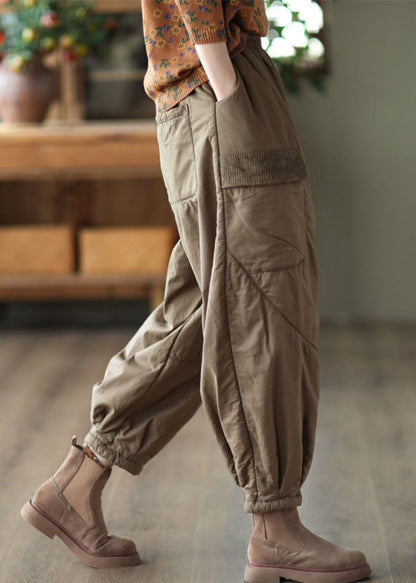 Khaki Elastic Waist Patchwork Fine Cotton Filled Harem Pants Winter