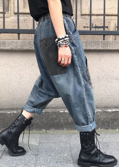 Blue Embroidered Elastic Waist Denim Pants Summer