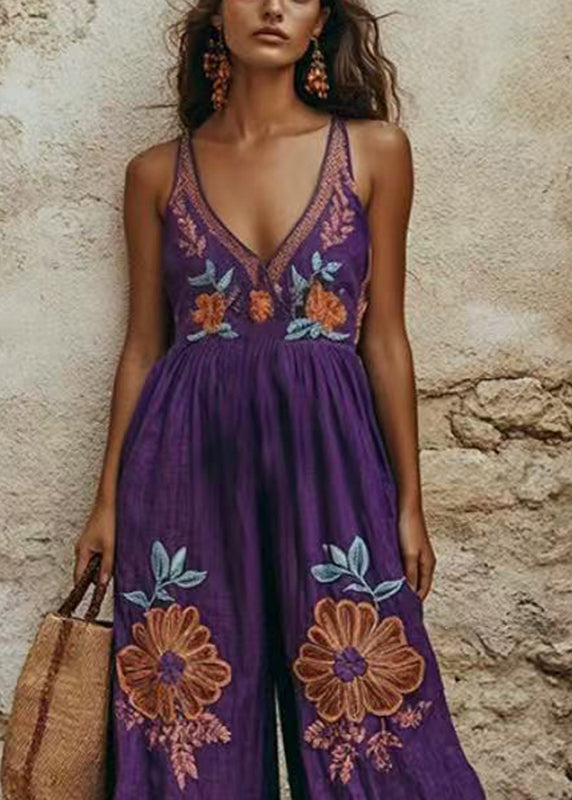 Purple Print Wrinkled Wide Leg Jumpsuit Summer