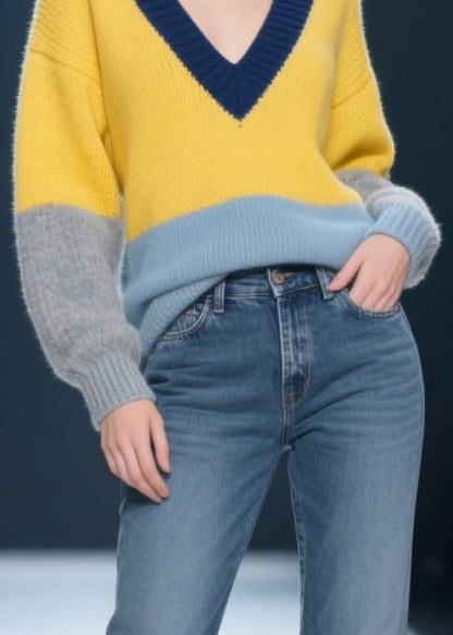 Yellow V Neck Patchwork Knit Pullover Winter