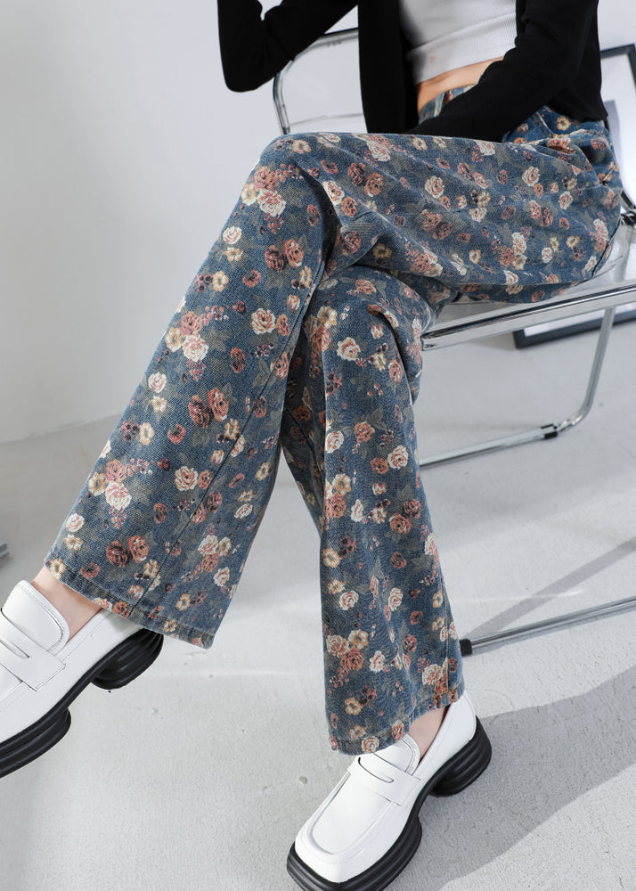 Navy Oversized Print Warm Fleece Denim Straight Pants Winter