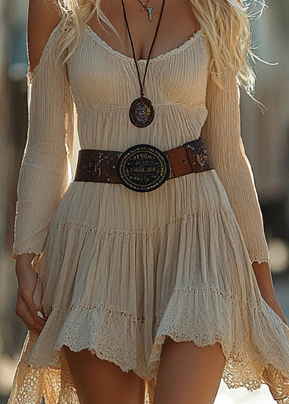 Stylish Beige Cold Shoulder Lace Patchwork Cotton Dress