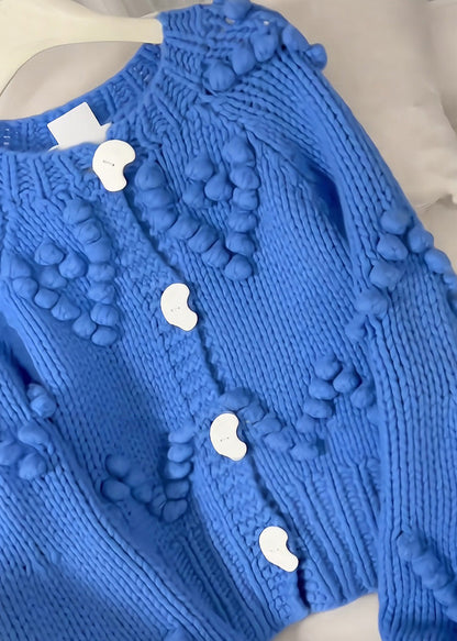 Blue O-neck Button Cotton Knit Cardigan Fall