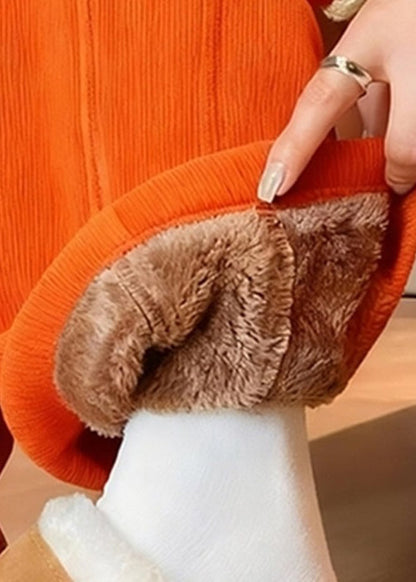 Orange Pockets Warm Fleece Straight Pants Elastic Waist