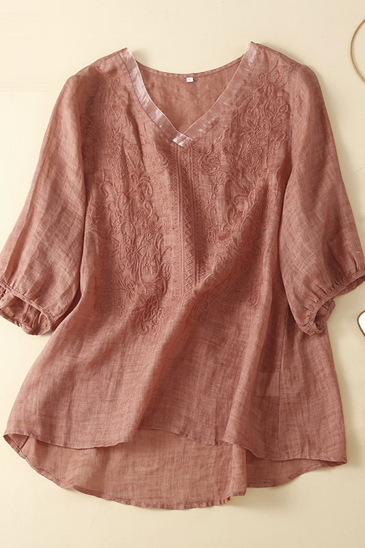 Summer Short Sleeve Shirt Embroidered Linen Tops