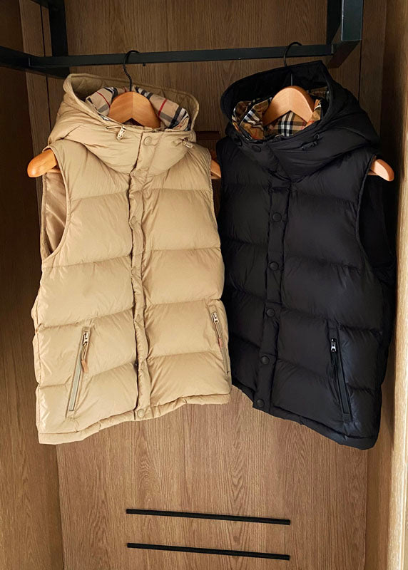 Simple Black Hooded Color Duck Down Puffer Vest Sleeveless