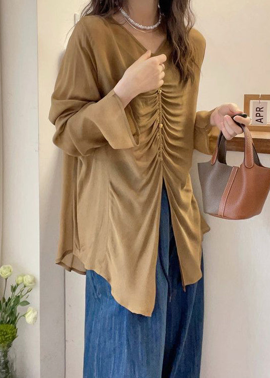 Khaki Front Open Cotton Fall Blouses V Neck