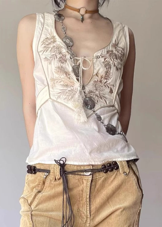 Diy White Embroidered Patchwork Cotton Vests Summer