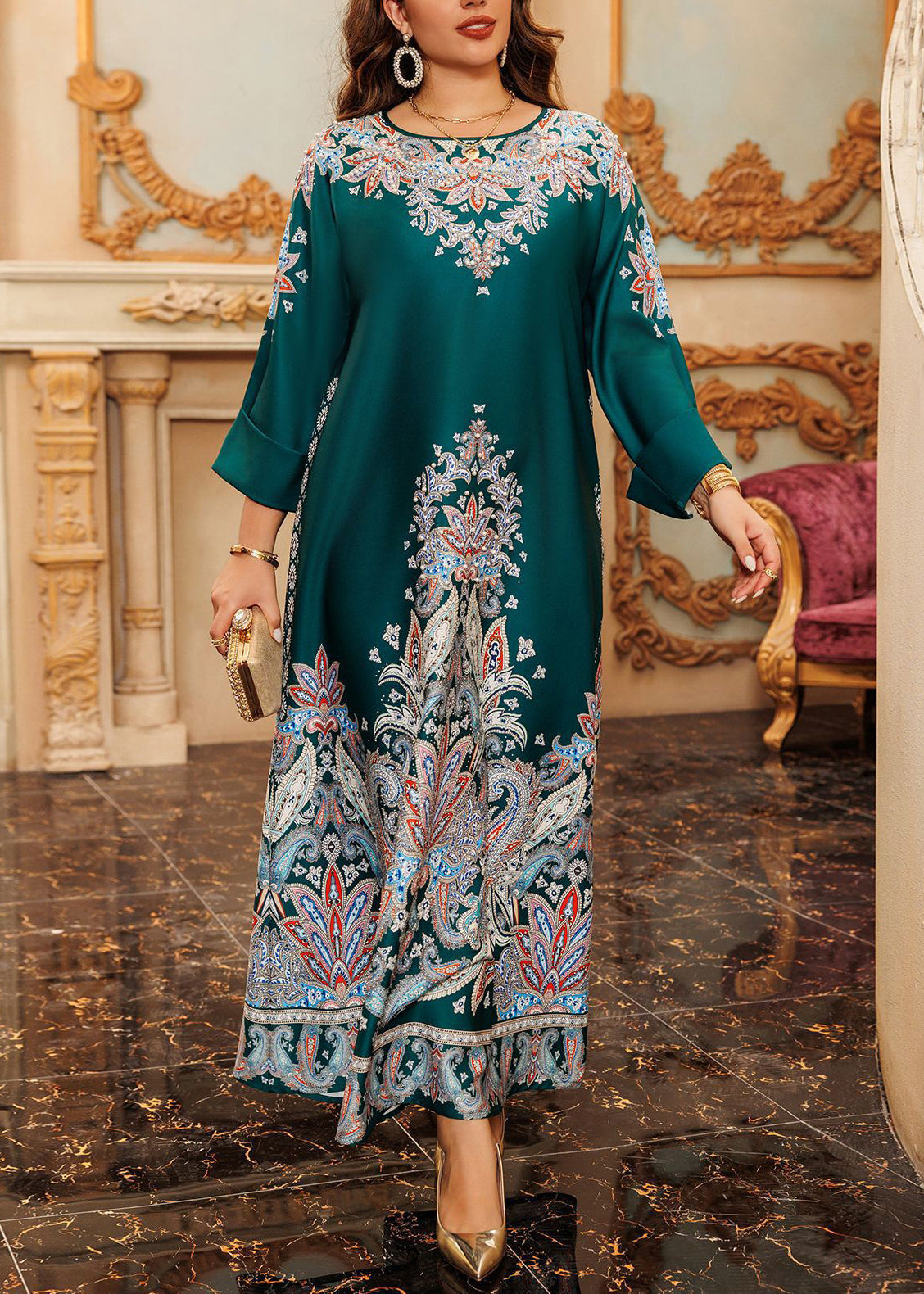 Green O-neck Print Cotton Long Dress Fall