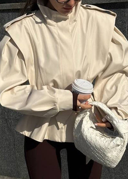 Stylish Apricot Stand Collar Lace Up Cotton Short Coats Fall