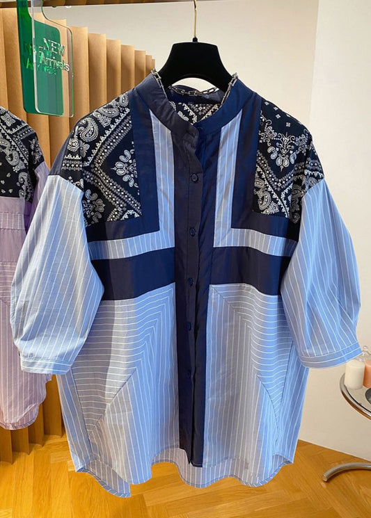 Blue Stand Collar Print Patchwork Shirt Fall