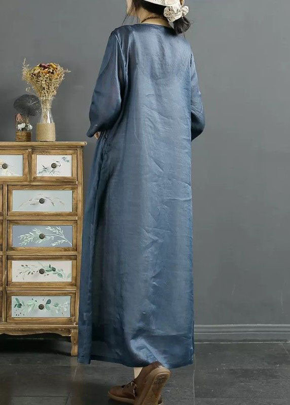 Italian Blue O Neck Embroidered Patchwork Long Linen Dresses Summer