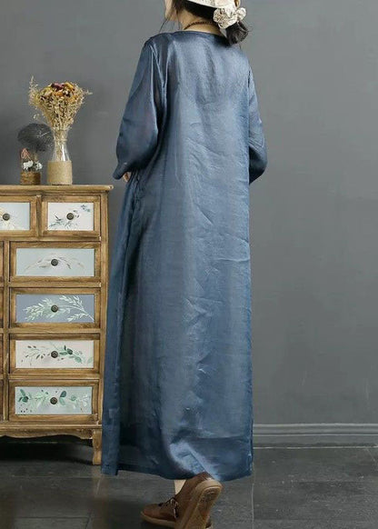 Italian Blue O Neck Embroidered Patchwork Long Linen Dresses Summer