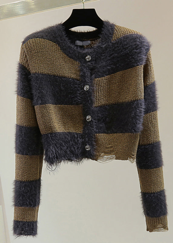 Unique Coffee O-neck Striped Hole Ma Hai Mao Cotton Knit Sweater Winter