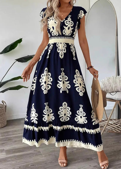Navy V Neck Print Cotton Vacation Dress Summer