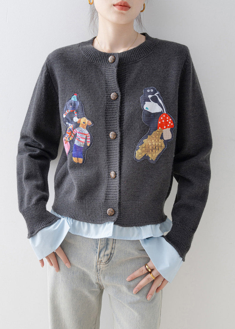 Grey Oversized Patchwork Knit Fake Two Piece Cardigan Winter