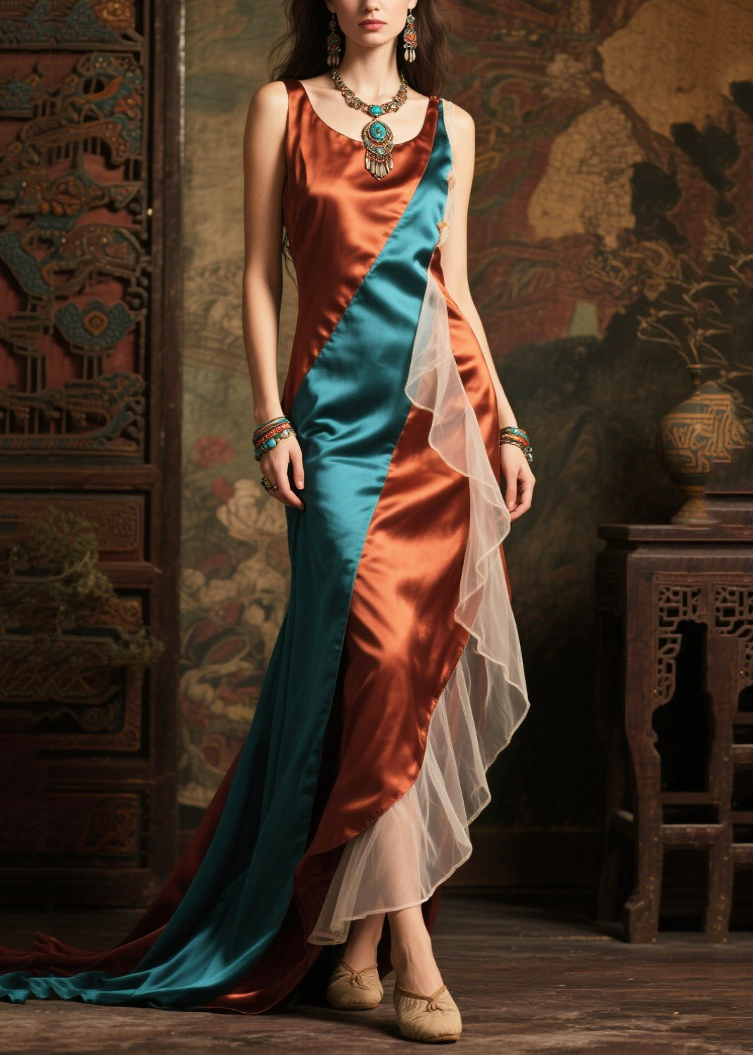 Colorblock Asymmetrical Patchwork Exra Large Hem Silk Dress Summer