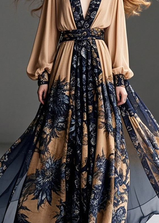 Coffee Cinched Print Chiffon Party Dress Exra Large Hem Fall