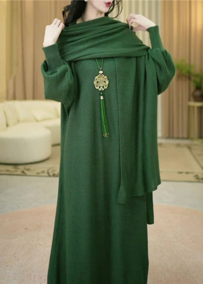 Green Cozy Long Knit Dress Winter