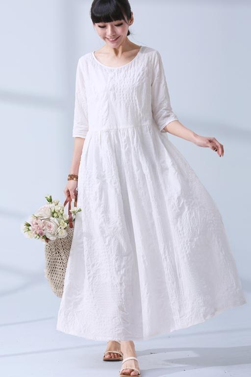 National Wind Summer Jacquard Cotton Linen Loose Maxi Long Dress