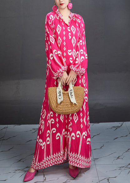 Rose Stand Collar Print Cotton Blouses Dresses Fall