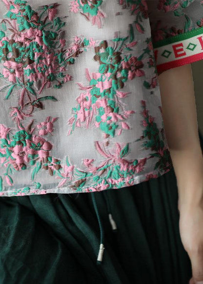Embroidered Retro O-neck Summer Blouses Half Sleeve