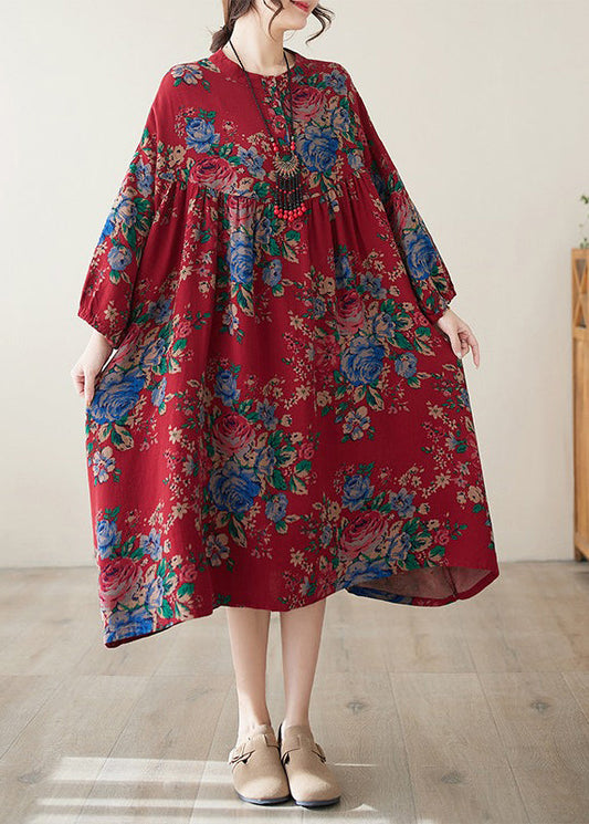 Red O Neck Print Wrinkled Cotton Dress Summer