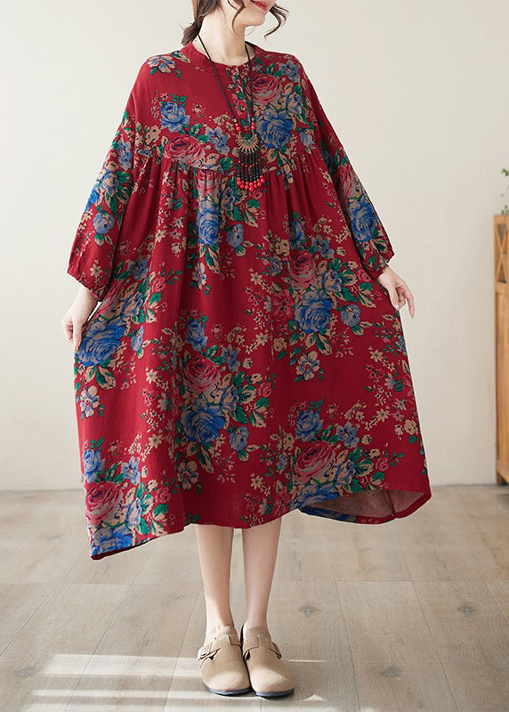 Red O Neck Print Wrinkled Cotton Dress Summer
